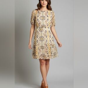 Kate & Lily Flowy Romantic Floral Mini Dress w/ Golden Shimmer Thread Size 6